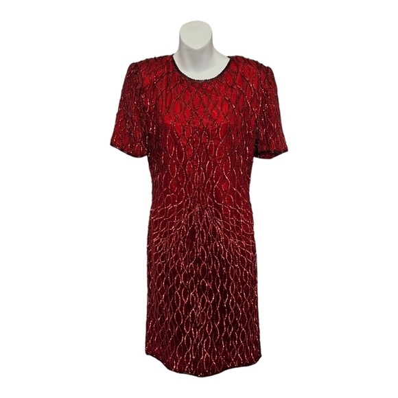 Swee Lo Dresses & Skirts - Swee Lo Red Sequin Beaded Dress Short Sleeve Party Formal Christmas Medium